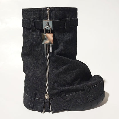 A foreign trade new denim platform shark buckle lock trouser skirt round head women's boots large size short wedge heel women's shoes