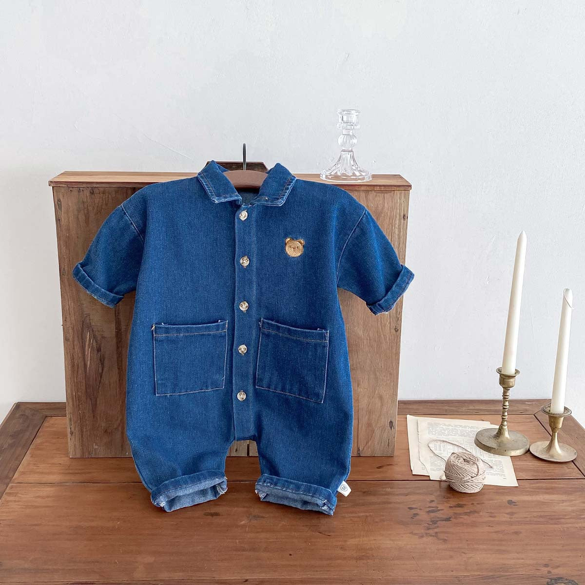 A baby spring and autumn denim jumpsuit for boys and girls, cartoon teddy bear with open buckle, long crawling clothes for newborns - Mixbatch