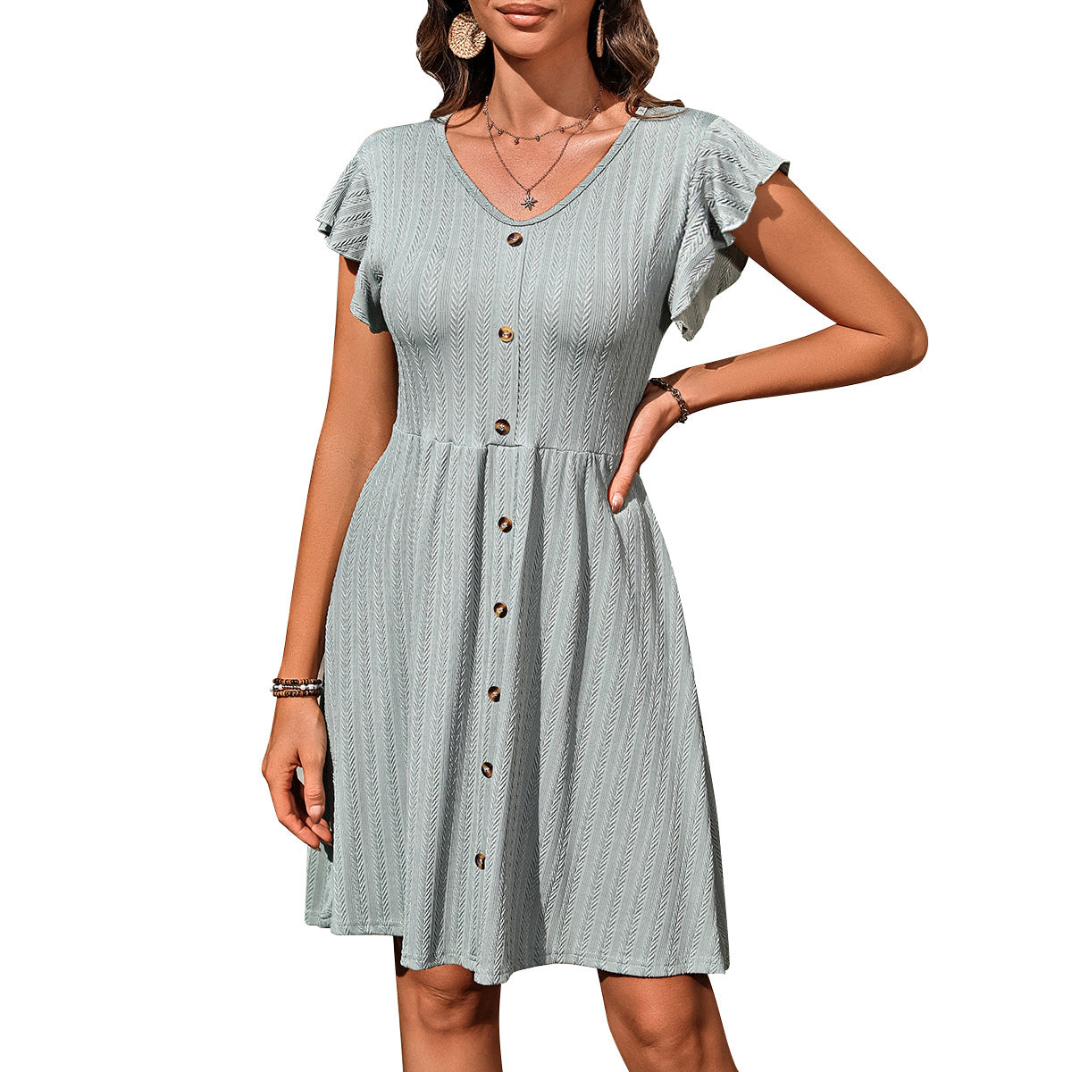 Europe, America, cross-border 2025 Amazon summer new women's clothing V-neck button waist elastic short-sleeved dress women - Mixbatch