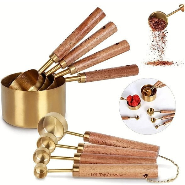 A Stainless steel measuring cup measuring spoon Acacia wooden handle baking tool