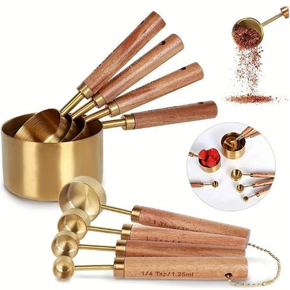 A Stainless steel measuring cup measuring spoon Acacia wooden handle baking tool
