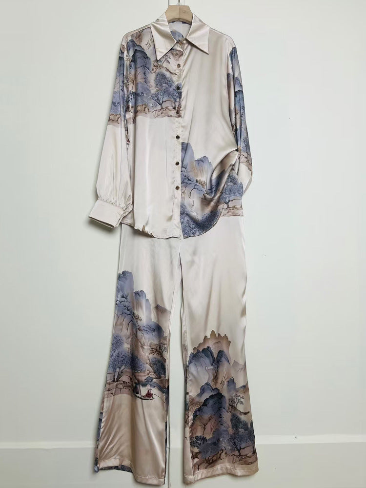 A Women's Retro Geometric Printed Lapel Shirt Two-piece Set + Loose Straight Pants Fashion Set