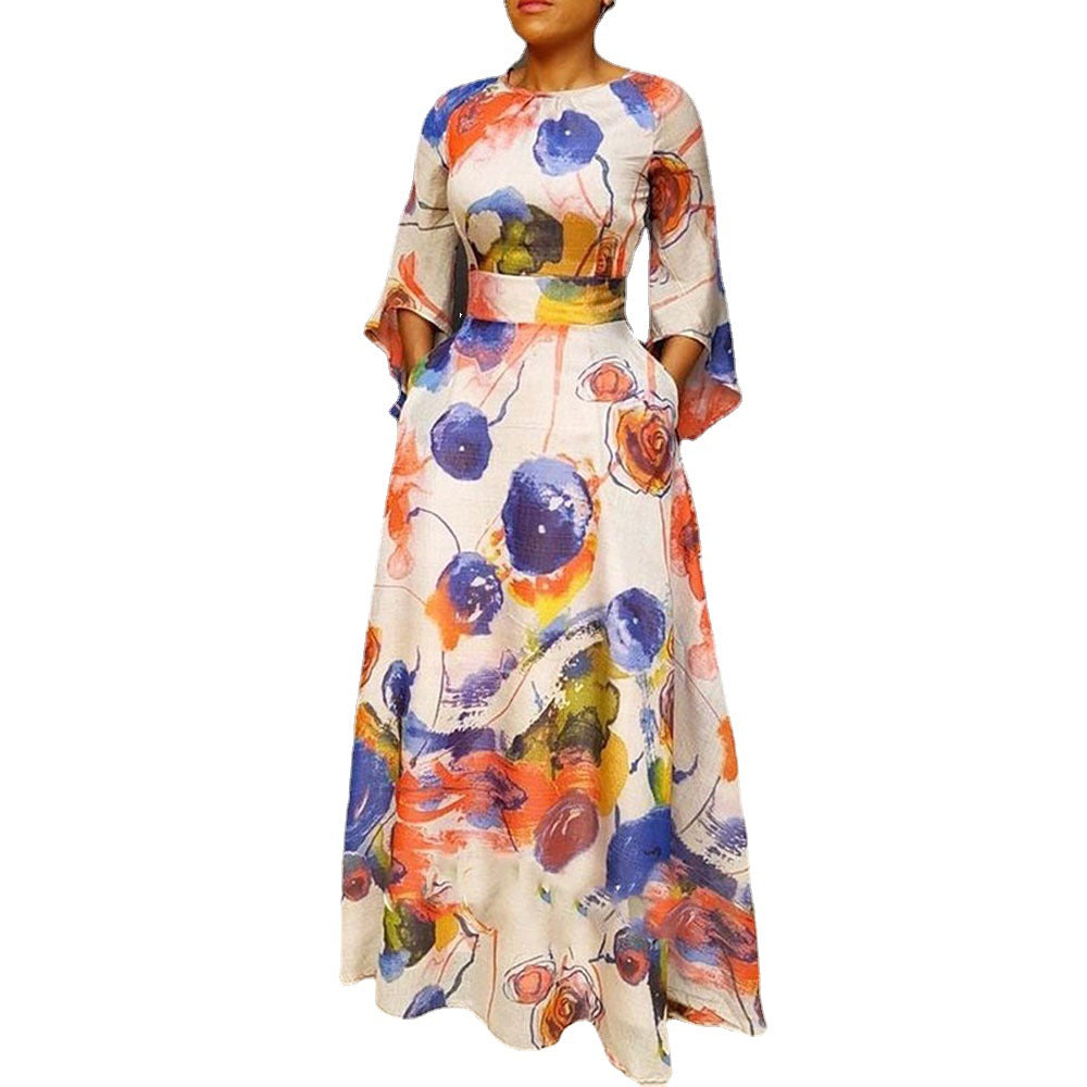A Mid-waist blue printed long dress waist dress