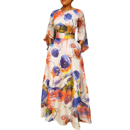 A Mid-waist blue printed long dress waist dress