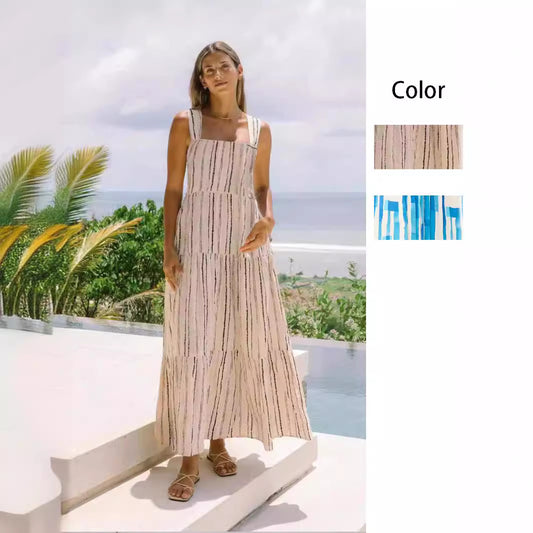 A fresh and sweet cross-border spring and summer style, striped printed one-word collar lace-up dress 88116