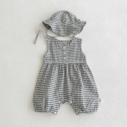 A girl baby summer thin floral bag fart clothes crawling baby western style plaid sleeveless vest jumpsuit to send a hat. - Mixbatch