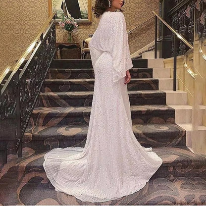 A long-sleeved sequined dress dress fishtail banquet elegant long dress V-neck