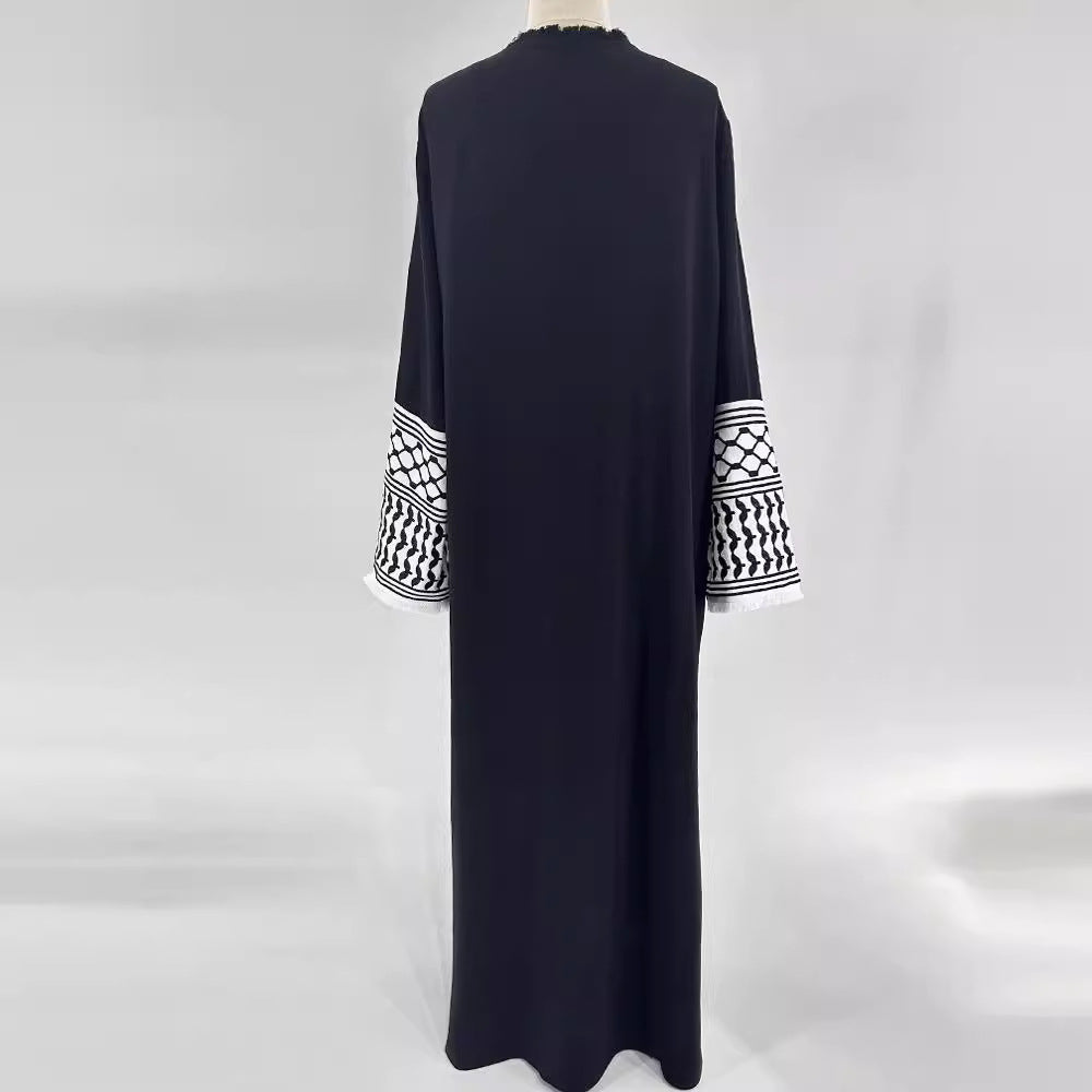 Middle Eastern Muslim Clothing Fashion Elegant Pocket Cardigan Embroidery Contrast Color Black and White Dress Robe - Mixbatch