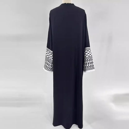 Middle Eastern Muslim Clothing Fashion Elegant Pocket Cardigan Embroidery Contrast Color Black and White Dress Robe - Mixbatch