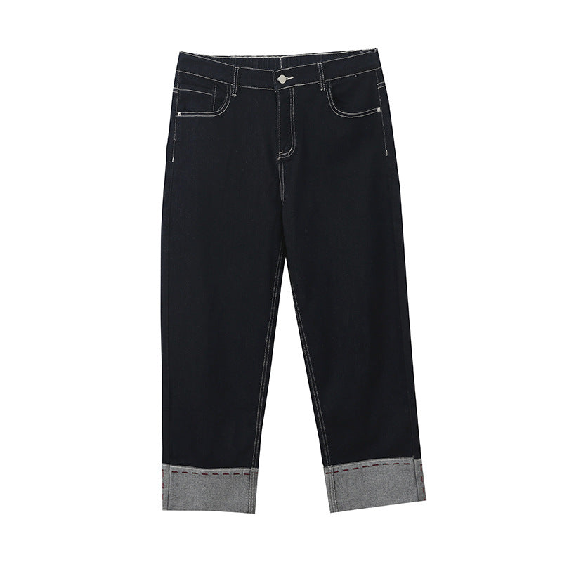 A Women's Curled Straight Pants High Waist Jeans