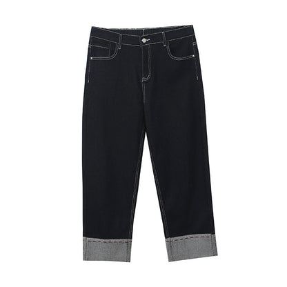 A Women's Curled Straight Pants High Waist Jeans