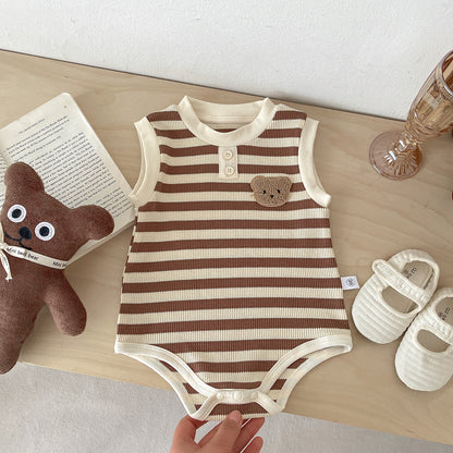 A children's summer dress sleeveless bag fart clothes ins Korean version baby striped bear vest onesie baby outing clothes - Mixbatch