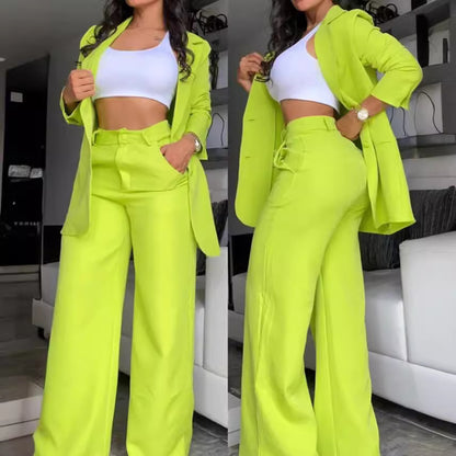 A women's temperament elegant solid color split sleeve lapel suit pocket straight pants suit