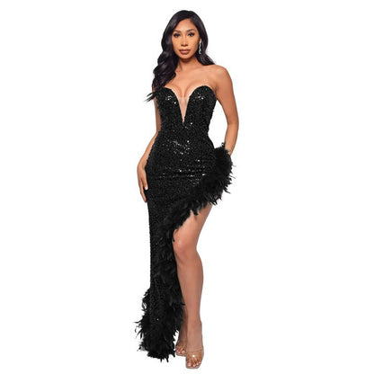 A ins European and American cross-border women's clothing wish Amazon ebay independent station tube top backless sequined feather dress women