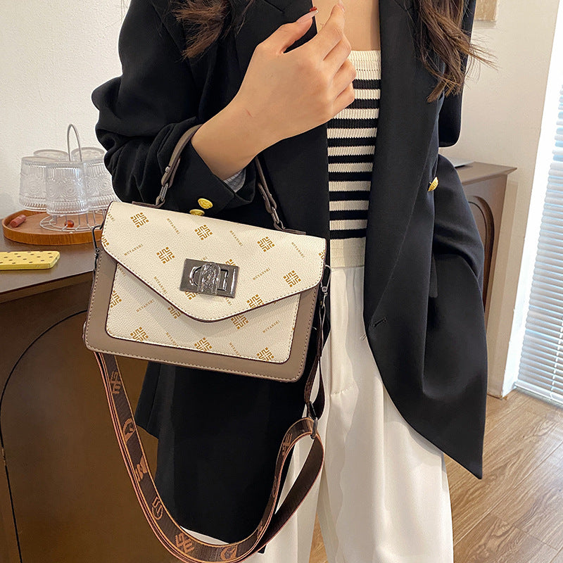 A cross-border fashion lock handbag women's simple trend atmospheric shoulder bag light luxury retro printed messenger tote bag - Mixbatch