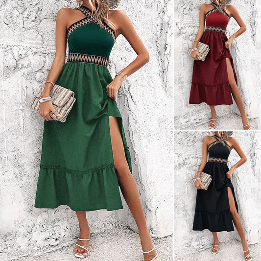 2025 spring and summer temperament high waist elegant waist hanging neck contrasting color split dress women's clothing - Mixbatch