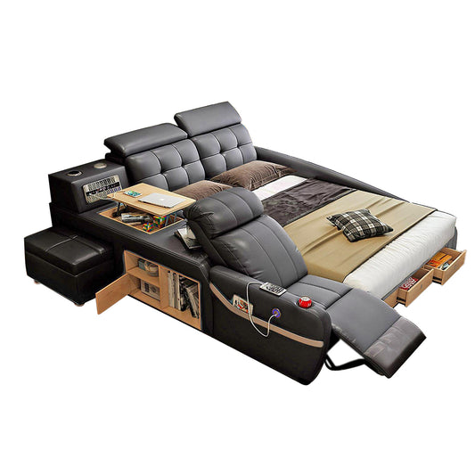 A Modern Smart Multifunctional Leather Bed Bluetooth Speaker Double Master Bedroom Queen Bed Massage Storage Bed