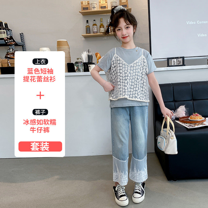 A girls summer suit, new children's foreign style lace short-sleeved top, older children's fashionable jeans two-piece set