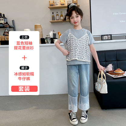 A girls summer suit, new children's foreign style lace short-sleeved top, older children's fashionable jeans two-piece set