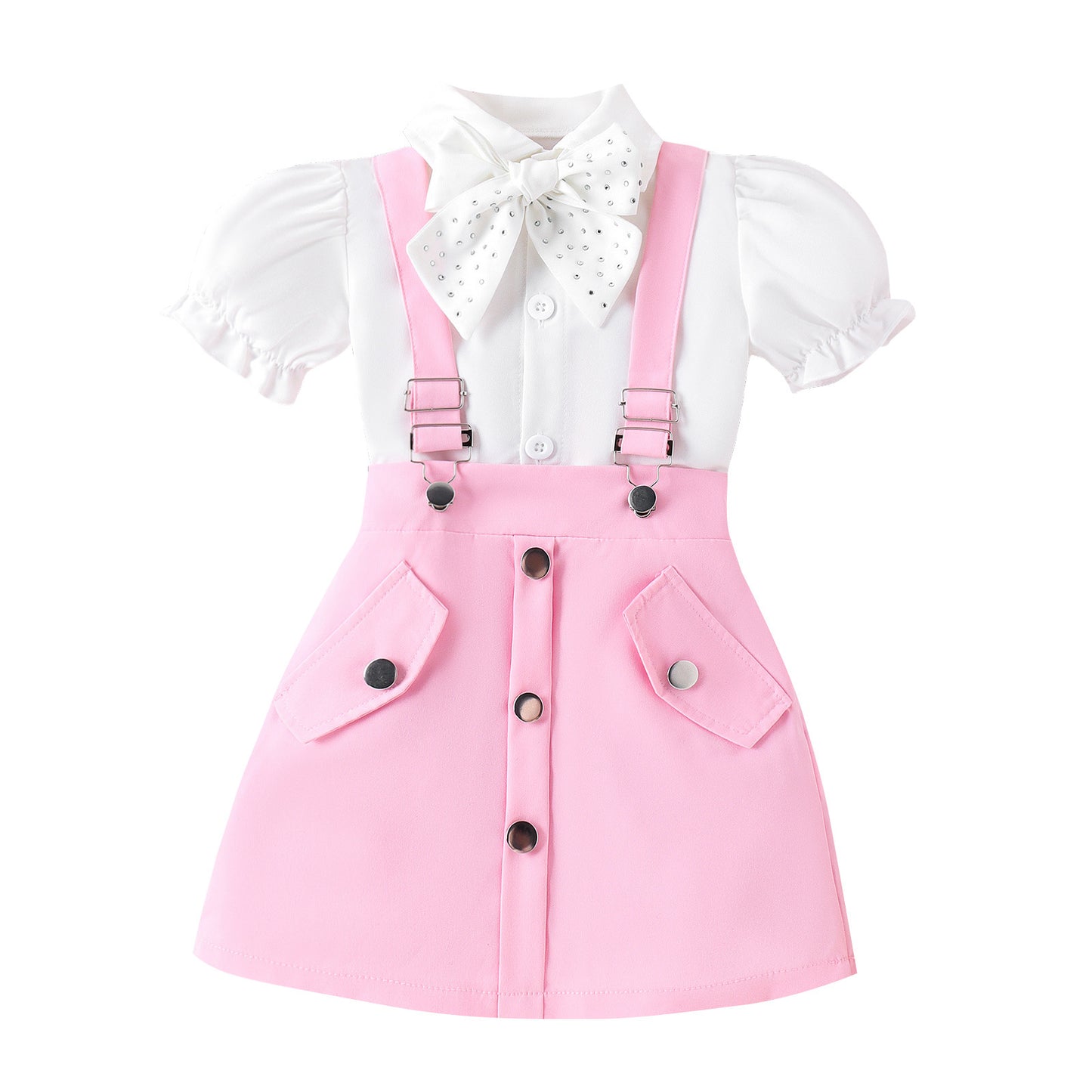 A 2024 summer amazon puff short sleeve lapel bow tie shirt strap short skirt girls suit - Mixbatch