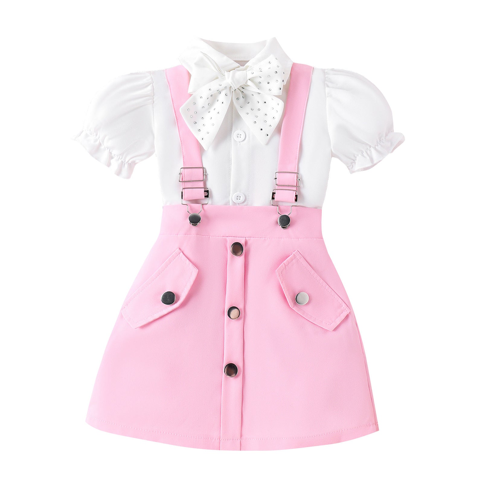 A 2024 summer amazon puff short sleeve lapel bow tie shirt strap short skirt girls suit - Mixbatch
