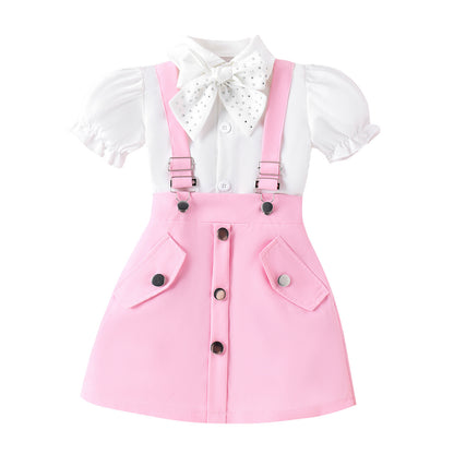 A 2024 summer amazon puff short sleeve lapel bow tie shirt strap short skirt girls suit - Mixbatch