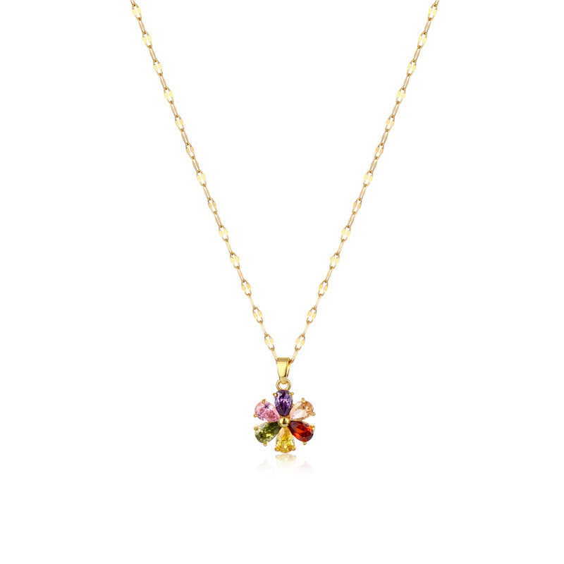 A European and American colored diamond pendant 18K gold flower titanium steel zircon necklace female, personal cold wind short flower collarbone chain - Mixbatch