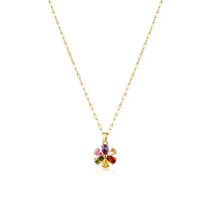A European and American colored diamond pendant 18K gold flower titanium steel zircon necklace female, personal cold wind short flower collarbone chain - Mixbatch