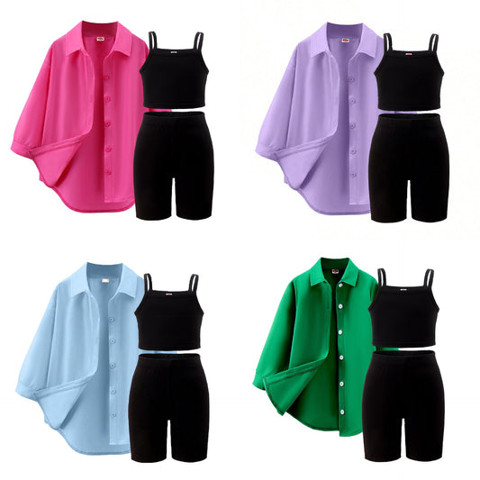 A foreign trade Europe, America, spring and autumn new girls' suit medium and small children's solid color suspender + five-point pants + long-sleeved jacket three-piece set