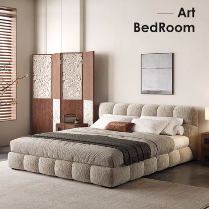 A puff bed cream retro style master bedroom light luxury high-grade chenille cloth bed Italian minimalist soft bag storage bed