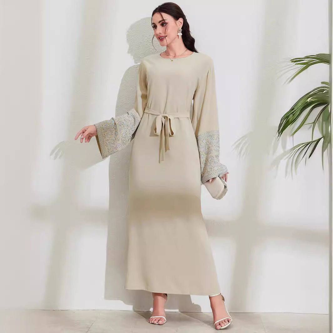 Middle Eastern Muslim Fashion Elegant Cardigan Embroidered Belt Dress Pocket Robe - Mixbatch