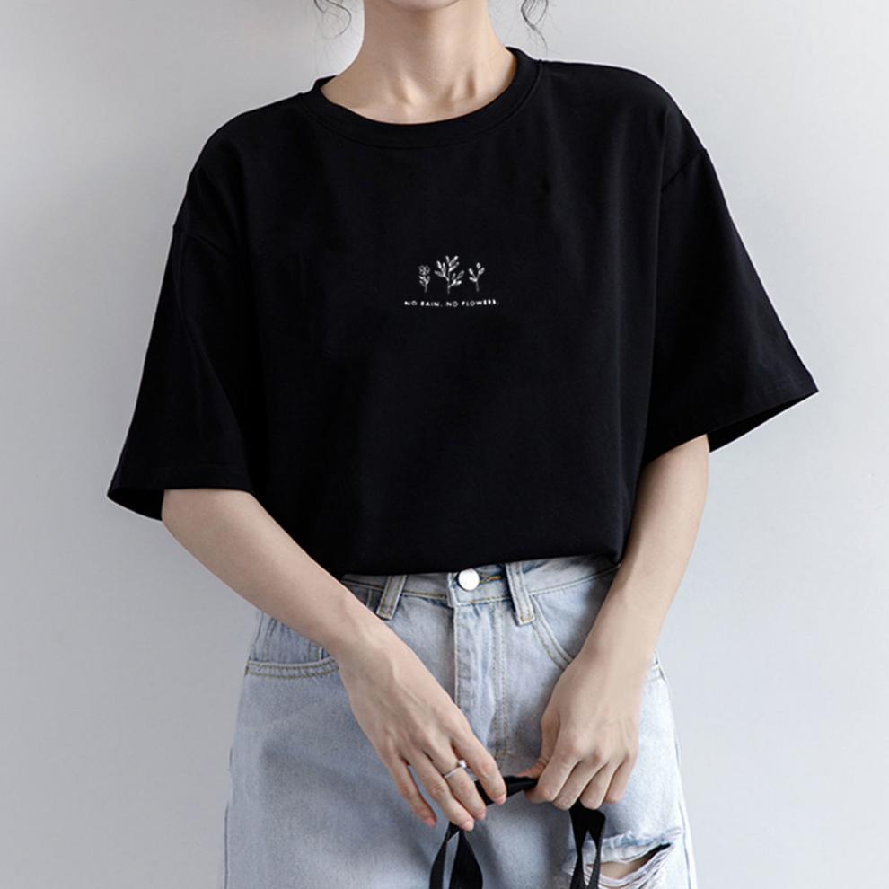 A Short Sleeve Korean Version Crew Neck T-Shirt Women's Summer Loose Plant Print Casual - Mixbatch