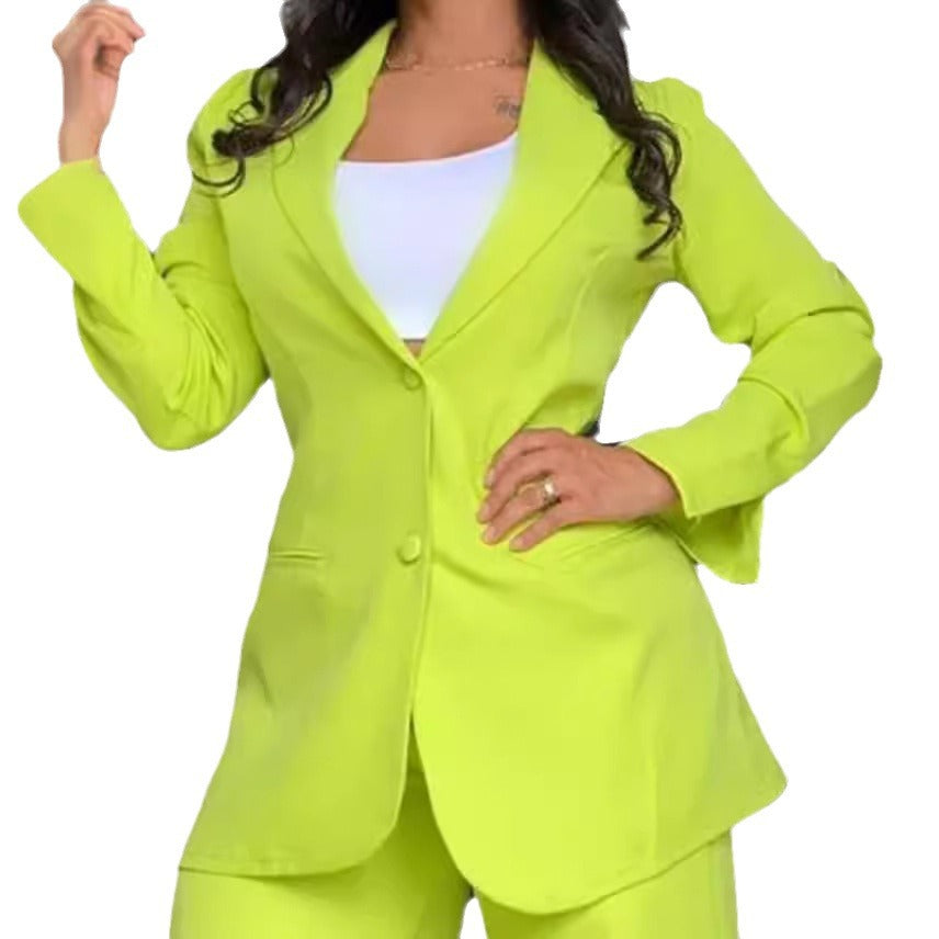 A women's temperament elegant solid color split sleeve lapel suit pocket straight pants suit - Mixbatch