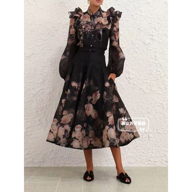 A European summer new heavy craft ruffle edge lantern sleeve shirt + large skirt set