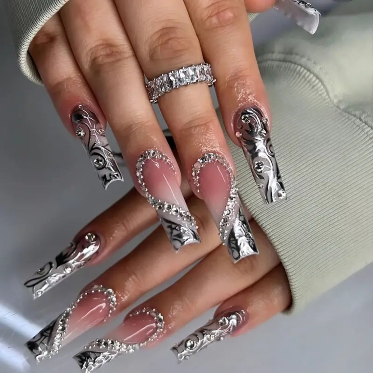 A cross-border explosion European and American style nail piece with diamond long square French manicure three-dimensional love broken diamond wearing nail wholesale - Mixbatch