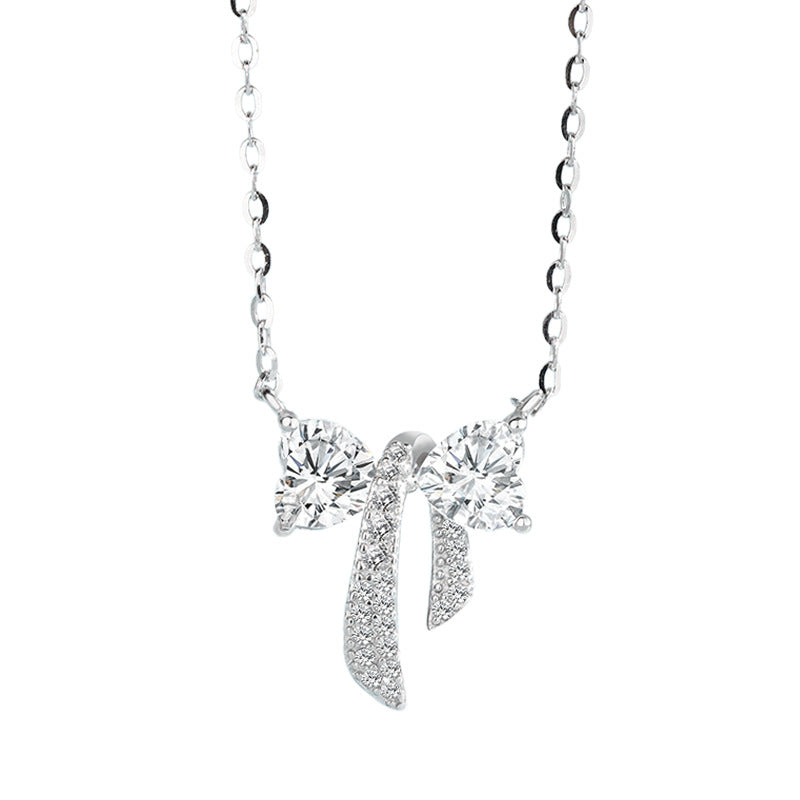 A Sterling Silver Bow with Diamonds S925 Necklace