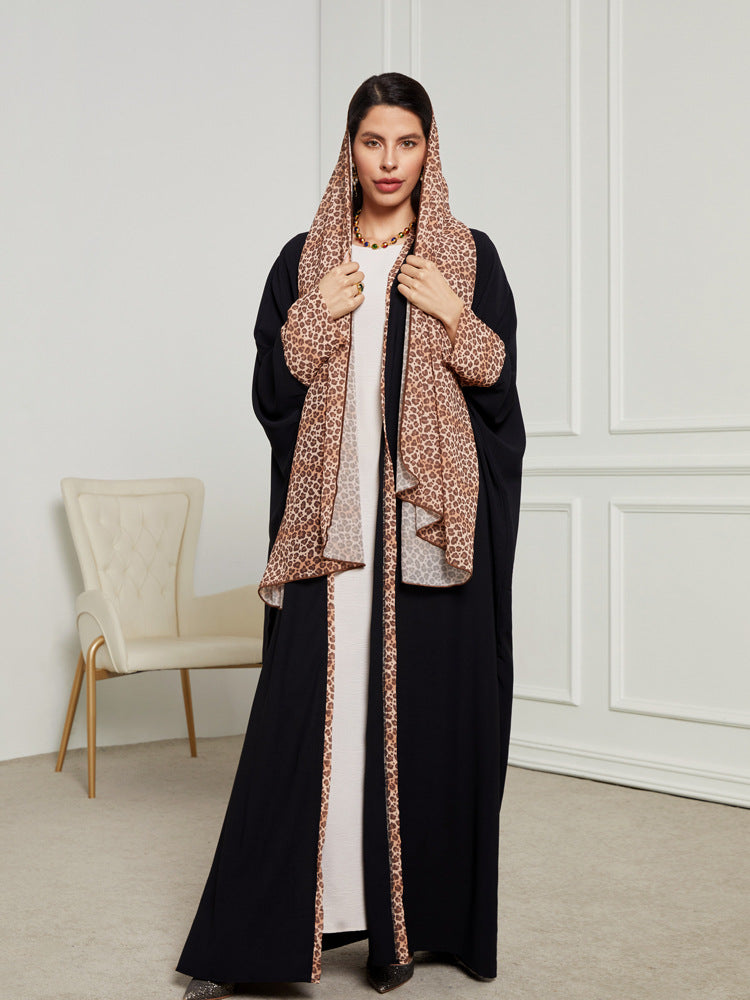 Leopard print headscarf Middle Eastern Muslim clothing long dress fashion elegant cardigan contrasting color dress robe - Mixbatch