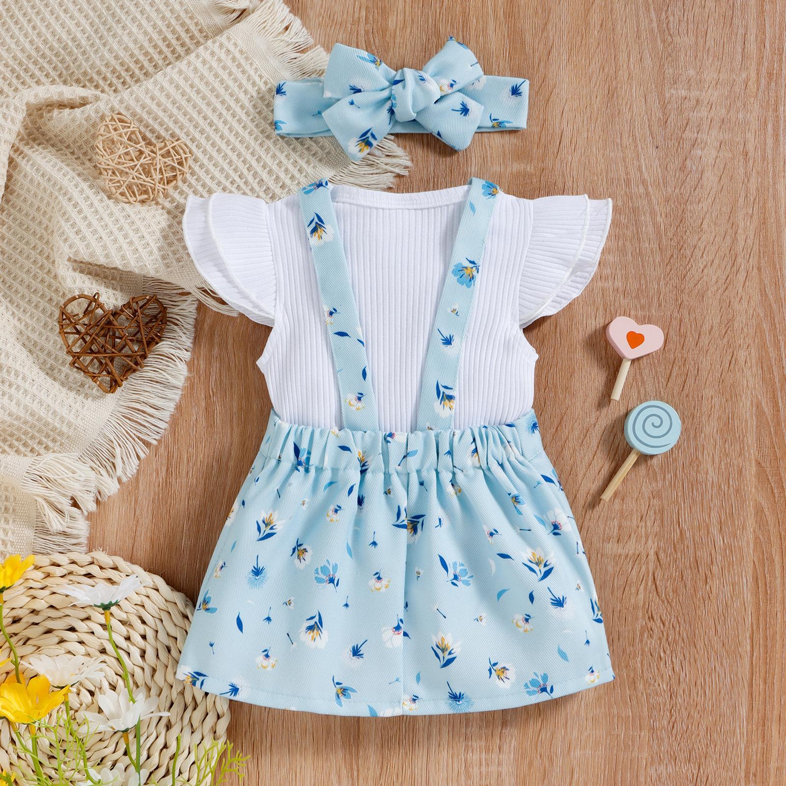 A Amazon Summer Baby Kids Flying Sleeve Cotton Pit Strip Triangle Bag Fart Ha Yi Print Straps Short Skirt Tide Girl Set - Mixbatch