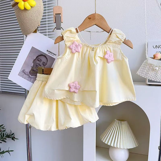 A Bubble pants girls three-dimensional bud set summer new cute sleeveless top shorts two-piece set
