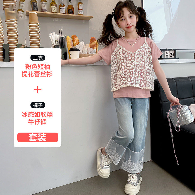A girls summer suit, new children's foreign style lace short-sleeved top, older children's fashionable jeans two-piece set