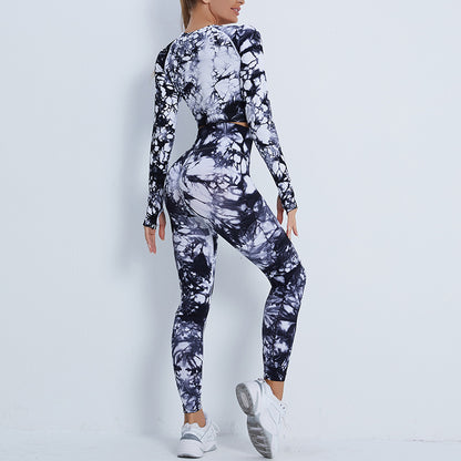 A new seamless yoga suit women's cross-border high-waisted hip-lifting yoga pants tie-dye long-sleeved top fitness sportswear set