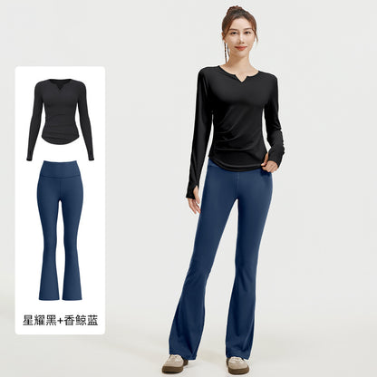 A autumn v-neck yoga suit pleated naked feeling slim and thin long fitness suit women