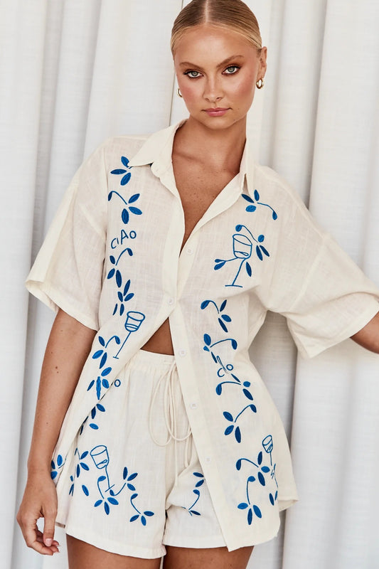 A spring and summer new 3d three-dimensional embroidered comfortable casual shirt short set-88189