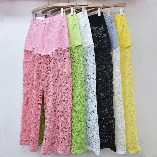 A Pink Lace Splicing Heavy Industry Hot Diamond Wide Leg Pants Women