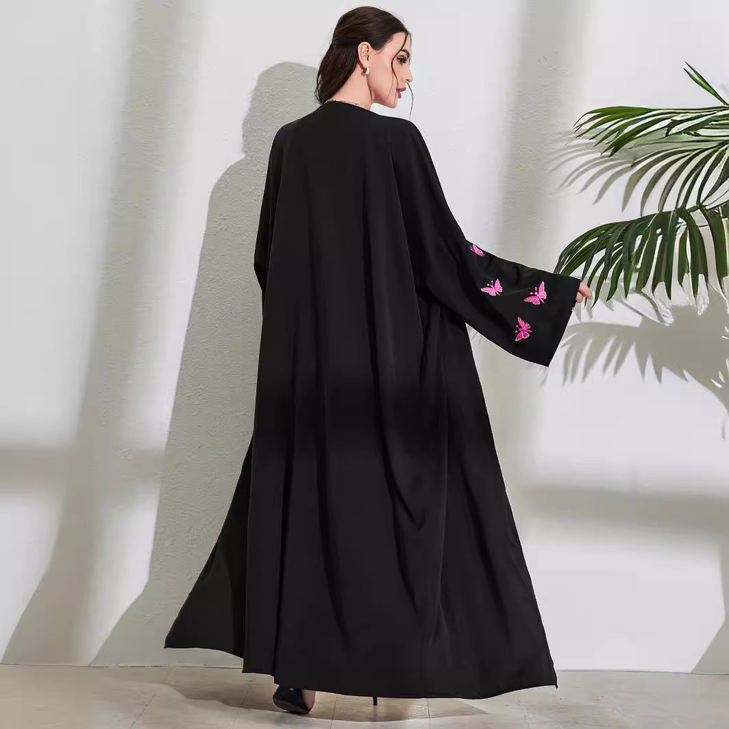 Middle Eastern Muslim Clothing Long Dress Fashion Elegant Pocket Cardigan Embroidered Butterfly Dress Robe - Mixbatch