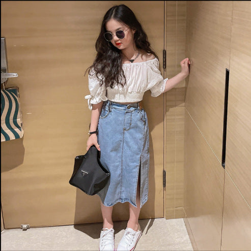 A new summer girls fashionable suit children's Internet celebrity big children's foreign style off-the-shoulder doll shirt + denim skirt