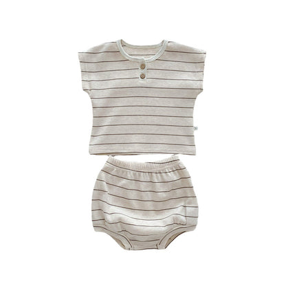 A children's clothing stock INS baby striped waffle set summer short sleeve shorts set for men and women - Mixbatch