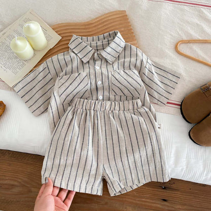 A Children's Korean version retro striped short-sleeved shirt shorts set for babies and boys and girls in summer thin casual trendy clothes - Mixbatch