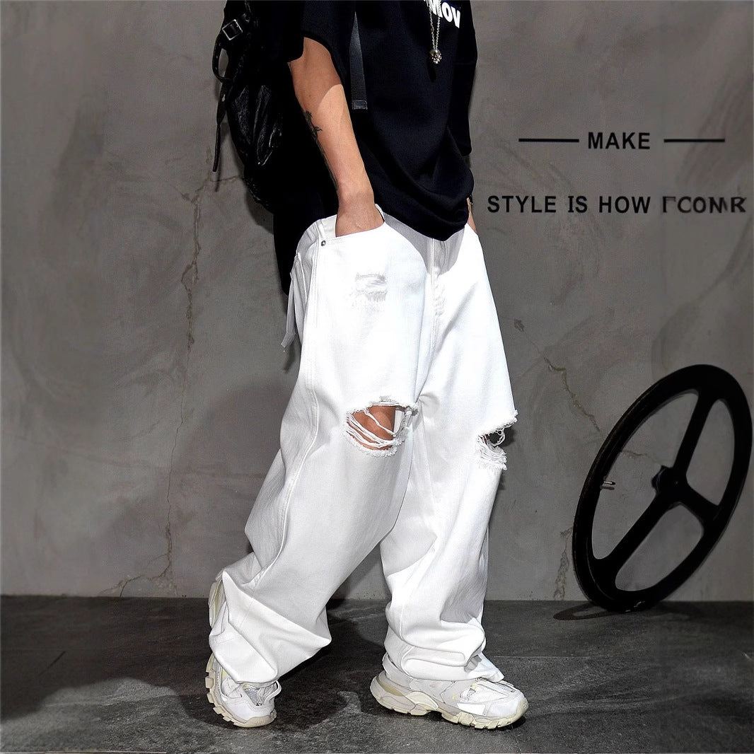 A white ripped wide-leg jeans loose straight