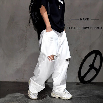 A white ripped wide-leg jeans loose straight